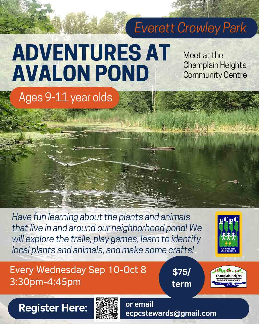 Have fun learning about the plants and animals that live in and around our neighborhood pond! We will explore the trails, play games, learn to identify local plants and animals, and make some crafts aback at the community centre. Please dress for the weather.