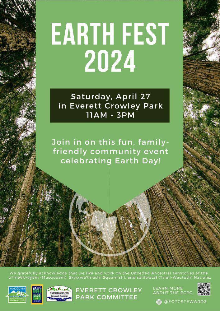 Earth Fest 2024 Saturday April 27 in Everett Crowley Park 11am-3pm Join in on this fun, family-friendly community event celebrating Earth Day! 
