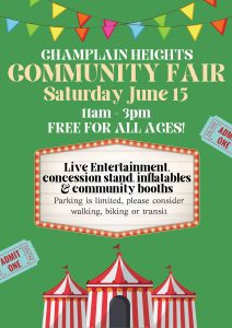 Champlain Heights Community Fair. Come say hello and join in on the live entertainment this Summer with the Champlain Heights Summer Fair. Free for all ages- tell your friends Saturday June 15 11:00am-3:00pm @activechamplain